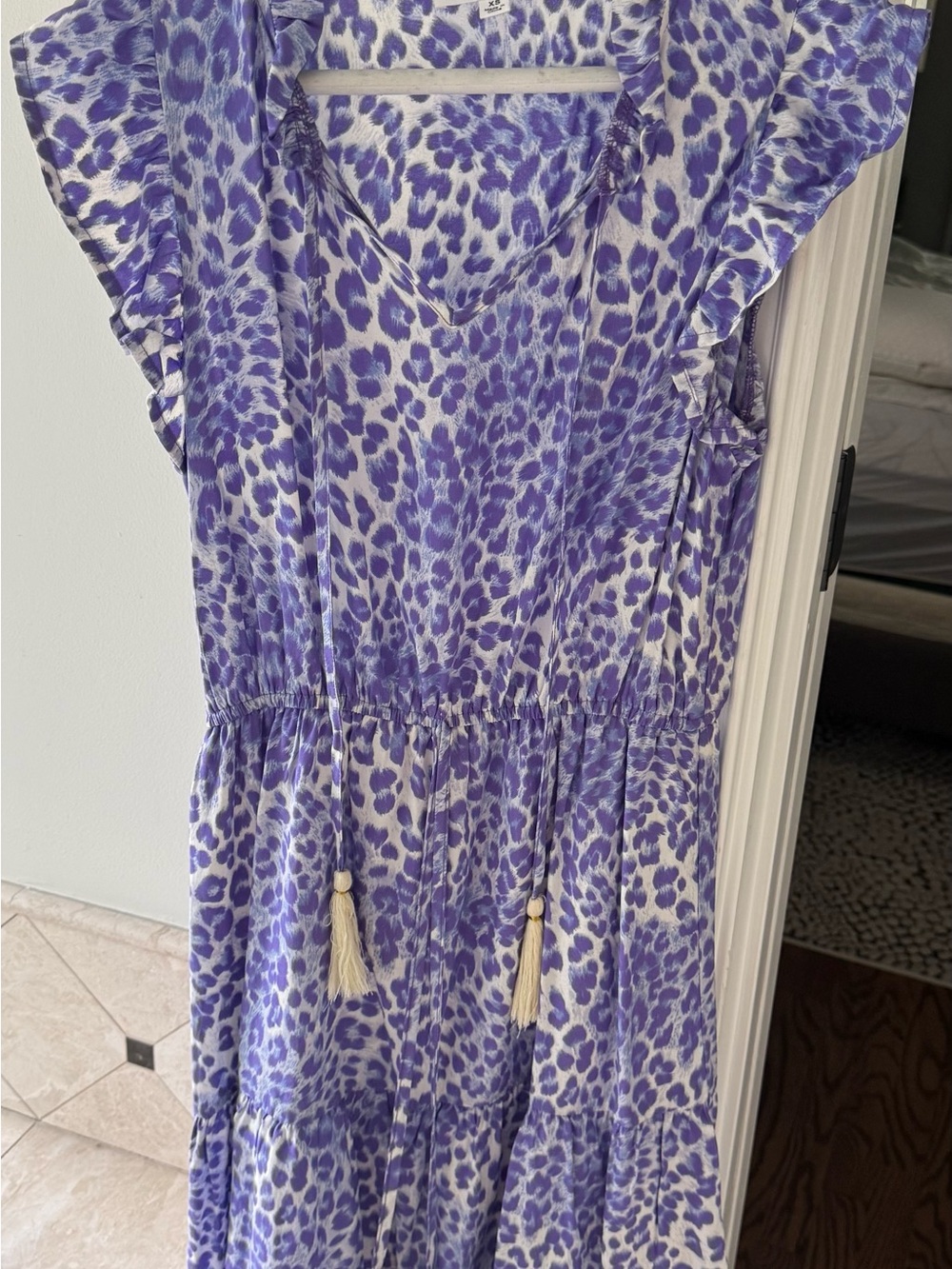 THML Purple Leopard Print Tiered Dress with Tassel Tie